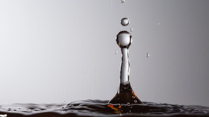 Poster - Water drop suspended in midair creates stunning visual effect against soft white background, evoking sense of tranquility and beauty
