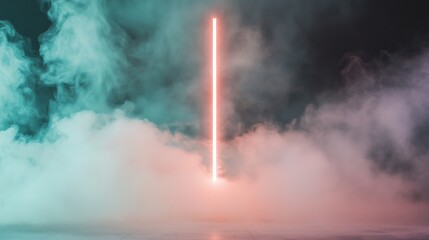 Poster - Vibrant neon light beam pierces through swirling fog in a dimly lit space during a creative performance