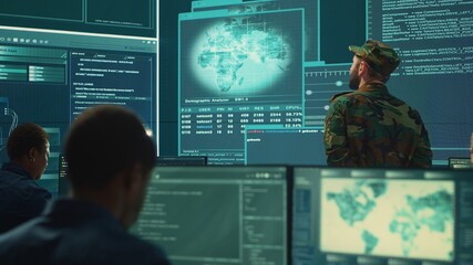 Poster - Military hackers working on cyber security in a high tech government center. Focusing on network protection, encryption and preventing cyber attacks to safeguard state secrets. Camera A.