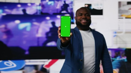 Poster - Digital world showing black user navigating visualized data and mockup, apps and social networks with mobile technology. Man showcasing influencer culture and global engagement. Camera B.