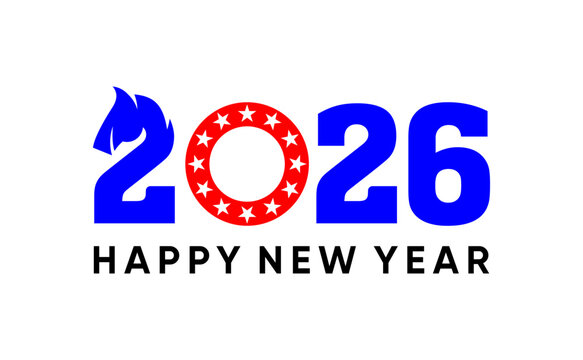 New Year 2026 greeting with a blue horse head silhouette on a white background