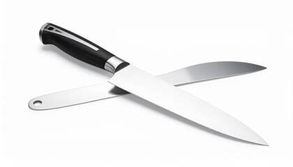 Crossed chef knives with black handles on a clean white surface