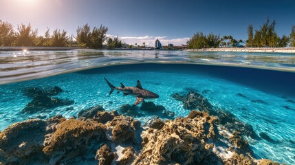 Poster - Stunning split-level view of clear blue ocean with a shark swimming above coral reef and underwater rocks, lush green trees and blue sky in the background
