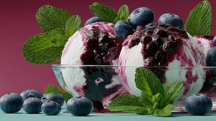 Aufkleber - Fresh blueberry and mint ice cream served in a glass bowl with blueberry syrup and garnished with fresh blueberries and mint leaves