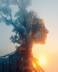 Poster - Futuristic digital art of a human profile silhouette integrated with a tree and circuit patterns representing technology nature connection at sunrise