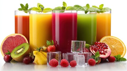 Poster - Assorted fresh fruit juices with vibrant colors in glass glasses surrounded by fresh fruit slices and ice cubes, healthy beverages and drinks