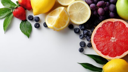 Poster - Fresh mixed citrus and berry fruits with lemons grapefruit blueberries grapes strawberries and green leaves on white background