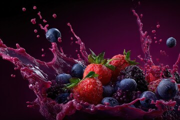 Poster - Vibrant Fresh Mixed Berries Splash in Liquid with Dark Background and Dynamic Motion Effect for Healthy Food and Fruit Concept