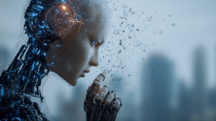 Aufkleber - Highly Detailed Close-Up of a Futuristic Female Robot in a Rainy Urban Setting Showing Advanced Robotics and Artificial ligence Technology