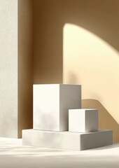 Aufkleber - Minimalist White Cube Display with Vertical Pyramids and Shadows on Luminous Surface with Warm Wall Background and Soft Lighting