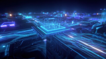 Poster - Futuristic Digital Circuit Board with Neon Blue Lines and Data Lines Representing High Tech Innovation and Advanced Technology Concepts