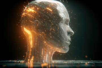 Aufkleber - Futuristic female digital avatar with glowing golden circuits and intricate facial features representing artificial ligence and technology innovation