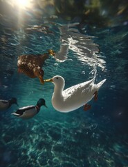 Poster - Vibrant underwater scene featu ducks swimming in clear blue water with sunlight reflecting off the surface and aquatic life visible below