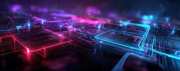 Poster - Futuristic neon technology circuit board with glowing blue and pink lines and digital abstract background for innovation and high-tech concepts