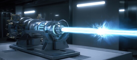Poster - High-tech industrial laser equipment emitting powerful focused blue beam in a modern manufactu facility for advanced material processing