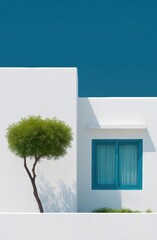 Poster - Modern Minimalist White Building Exterior with Bright Blue Window and Green Tree Shadow in Sunny Day Mediterranean Style Architecture
