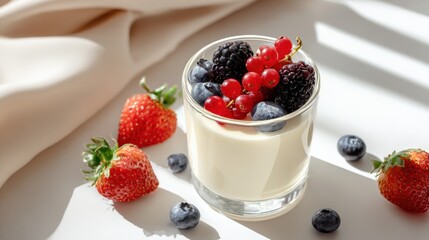 Aufkleber - Fresh Mixed Berry Fruit Dessert in a Clear Glass with Strawberries, Blueberries, Blackberries and Red Currants on White Background