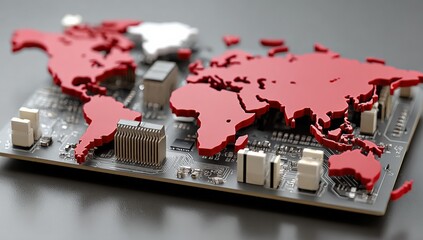Poster - Global digital network infrastructure concept with interconnected world map on circuit board technology background for international communication and data transfer