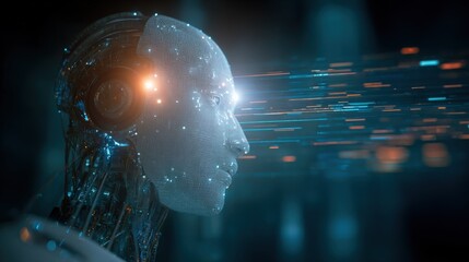 Poster - Futuristic Artificial ligence Robot Head with Digital Components and Data Streams in a Dark Tech Environment