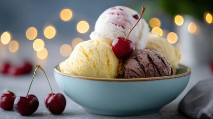 Aufkleber - Delicious Assorted Scoops of Ice Cream with Cherries in a Light Blue Bowl on a Festive Background with Bokeh Lights and Holiday Atmosphere