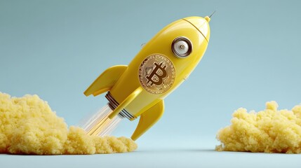 Poster - Creative digital illustration of a yellow cartoon rocket with Bitcoin cryptocurrency soa through the blue sky with cloud puffs for financial technology and blockchain concept