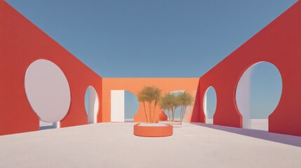Poster - Modern geometric architectural courtyard with vibrant colored walls circular openings trees and clear blue sky in daylight