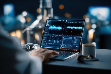 Poster - Professional music producer working with digital o workstation on laptop in modern recording studio with o editing software