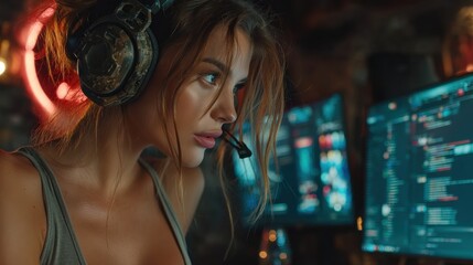 Focused Young Woman with Headset Coding on Multiple Computer Screens Illuminated by Soft Warm Light with Water Drops