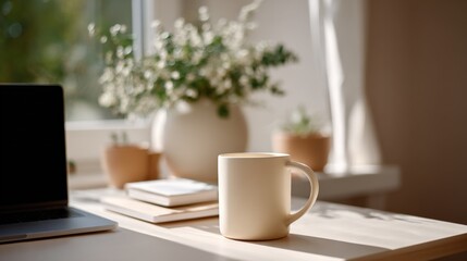 Poster - Cozy home office workspace with a white coffee mug, open laptop, potted plants, books, and natural sunlight streaming through window