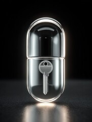 Poster - Sleek modern portable lock and key device with shiny metallic finish and reflective surface isolated on black background for security access