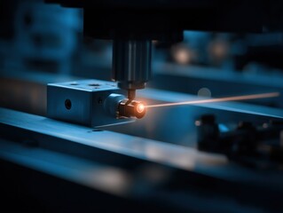 Poster - High-precision industrial laser cutting machine with focused laser beam cutting metal in a manufactu factory environment