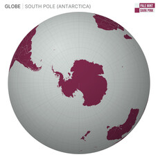 Poster - Vector Globe centered to South Pole (Antarctica). Pale Mint Dark Pink palette. World map with meridians, parallels, countries, rivers and lakes. Stylish vector illustration.