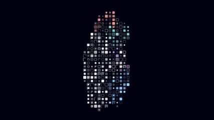 Poster - Qatar dotted animation. Shape of the country build of pulsating colored dots. Large size rounded square blocks. Digital style map on dark background. Simple video.