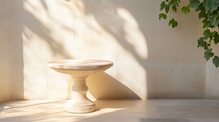 Poster - Elegant stone pedestal bathed in afternoon sunlight against a serene wall with tree shadows