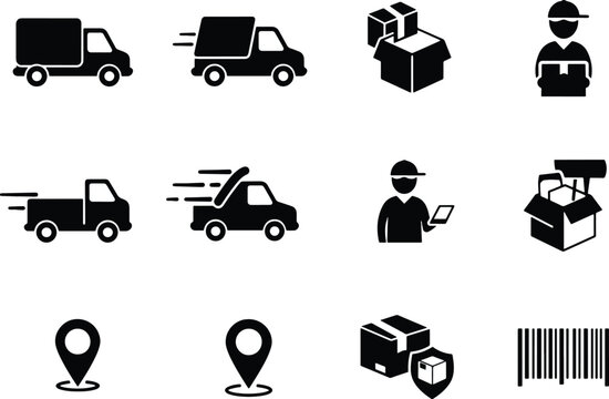 Delivery service icons including trucks packages and people delivery truck shipping