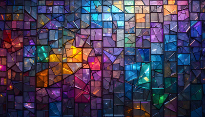 Poster - Close-up view of a stained glass wall featuring vibrant multicolored panels and geometric shapes with light passing through for artistic effect
