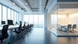 © jaead - Modern open plan office with rows of computers and chairs and a glass enclosed meeting room with a conference table