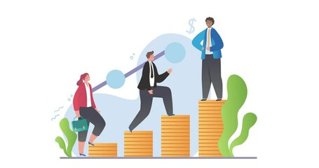 Poster - Teamwork and cooperation. Moving banner with team of entrepreneurs or office workers climbing career ladder and achieving success. Partnership and business collaboration. Flat graphic animated cartoon
