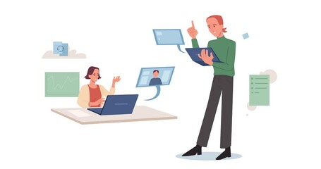 Poster - Business video conference. Moving banner with male and female entrepreneurs, partners and office workers communicating at online meeting. Remote employees. Flat graphic animated cartoon
