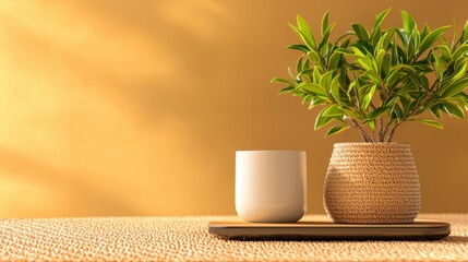 Poster - Serene Indoor Garden: A still-life composition featuring a lush potted plant beside a minimalist cup, set on a wooden tray against a backdrop, showcasing minimalist elegance and botanical beauty.