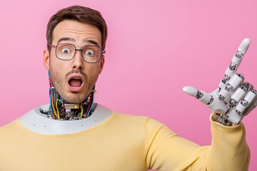 Poster - Man and Robot Interaction: An inquisitive, surprised man interacts with a mechanical robot hand, embodying futuristic themes of artificial intelligence and technological integration.