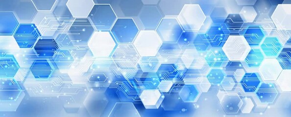 Poster - Abstract background with a hexagonal pattern and circuit board elements in blue and white color for a technology or digital concept Generative AI