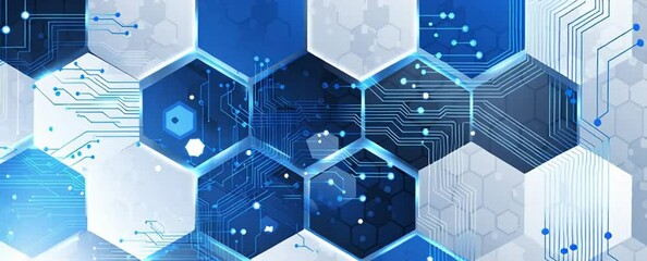 Poster - Abstract background with blue and white hexagons, circuit board patterns, technology-themed design for a banner or poster template Futuristic digital tech concept background Generative AI