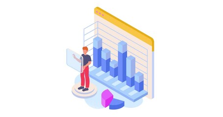 Aufkleber - Employee analyzes data. Moving banner with male office worker or financial consultant studying statistics, graphs and charts. Achieving success and goals. Isometric 3D graphic animated cartoon