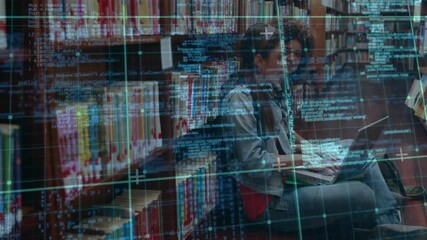 Poster - Woman typing on laptop with code overlay in library starting coding after peer joining tech project