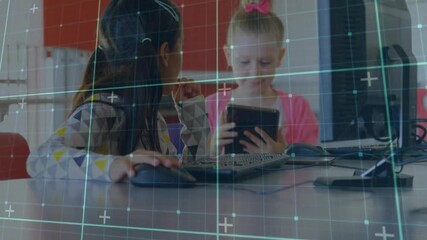 Poster - Left girl navigating desktop while right girl grabbing tablet tapping syncing screens for learning