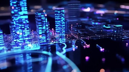 Poster - Futuristic cityscape with glowing skyscrapers and intricate transportation network, showcasing advanced urban planning and technological infrastructure in a vibrant, neon lit metropolis