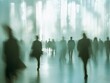 © azlen - Long exposure shot of crowd of business people walking in bright office lobby fast moving with blurry - ai
