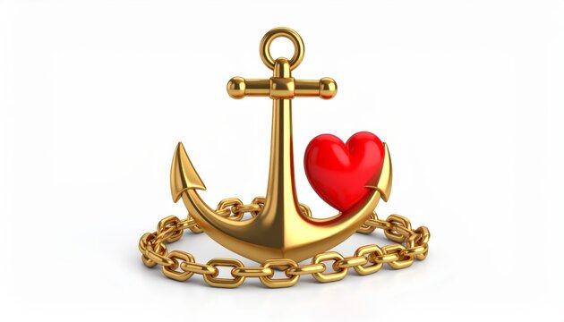 A golden anchor with a red heart isolated on white background