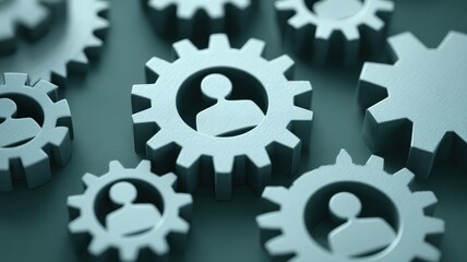 Poster - Metal gears with person icons symbolize teamwork and collaboration in a digital environment.